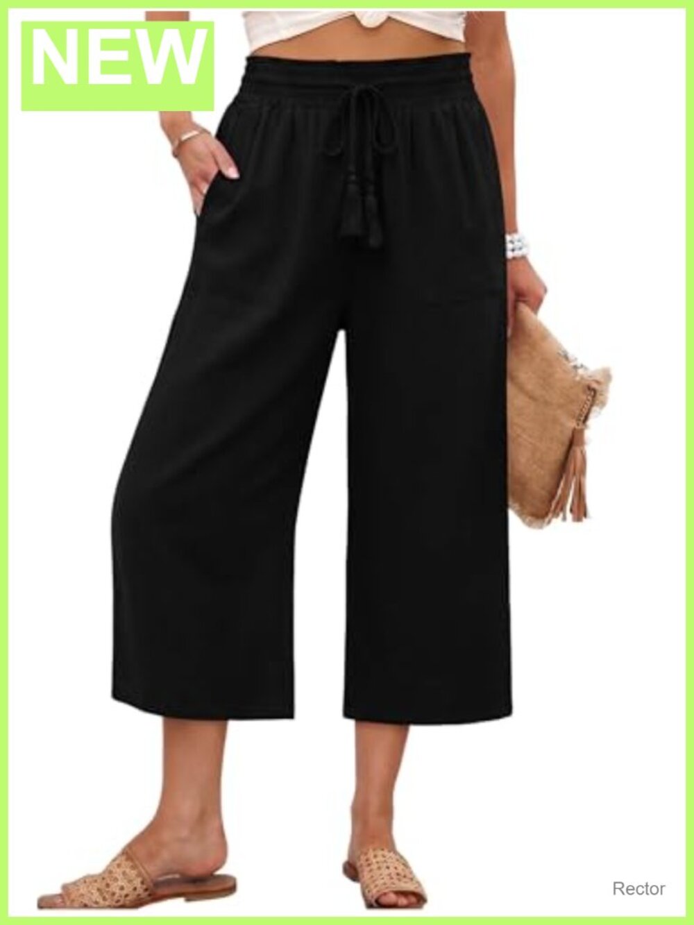 Wide Leg Capri Pants High Waisted Drawstring Palazzo Cropped Trousers Pockets